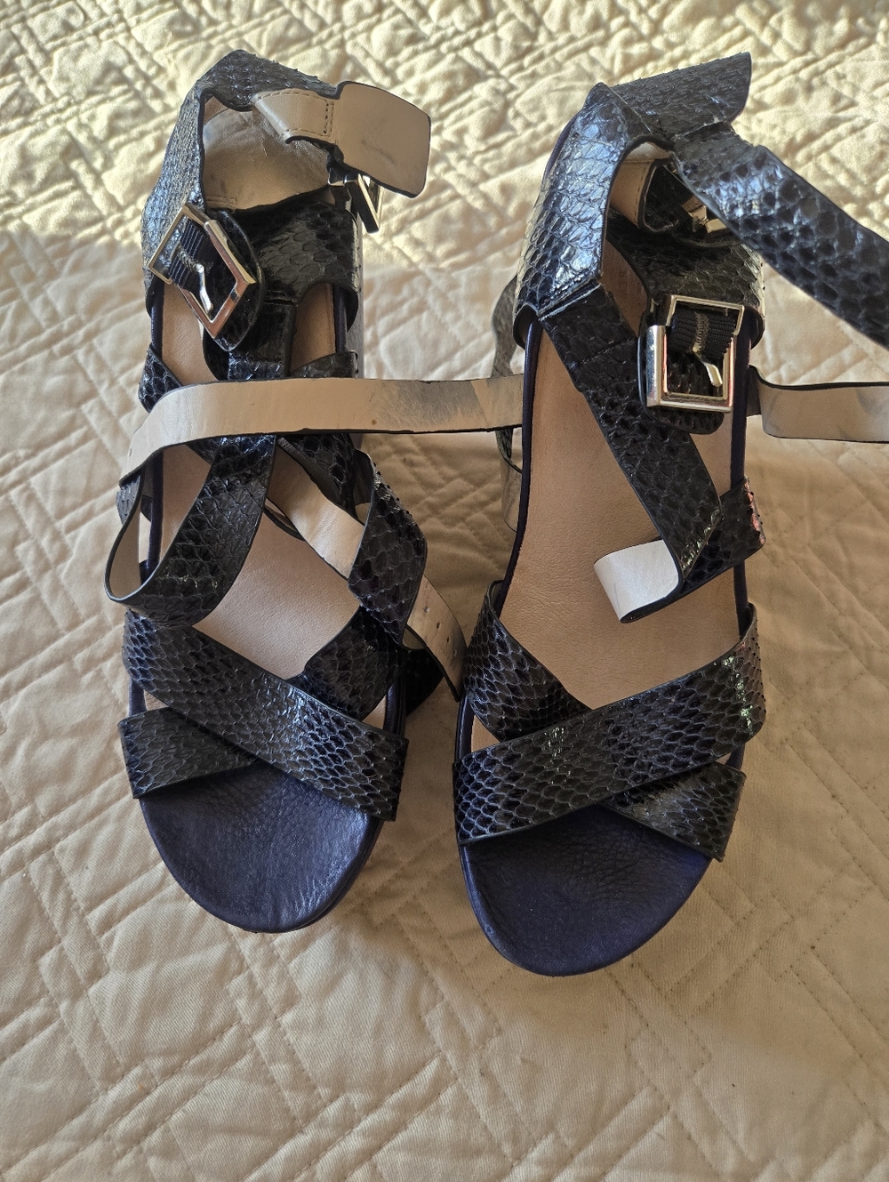 Kenneth Cole Black Snakeskin-Strap Wedge Sandals